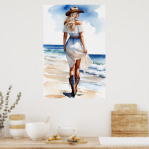 Coastal Cowgirl Walking on the Beach Watercolor 