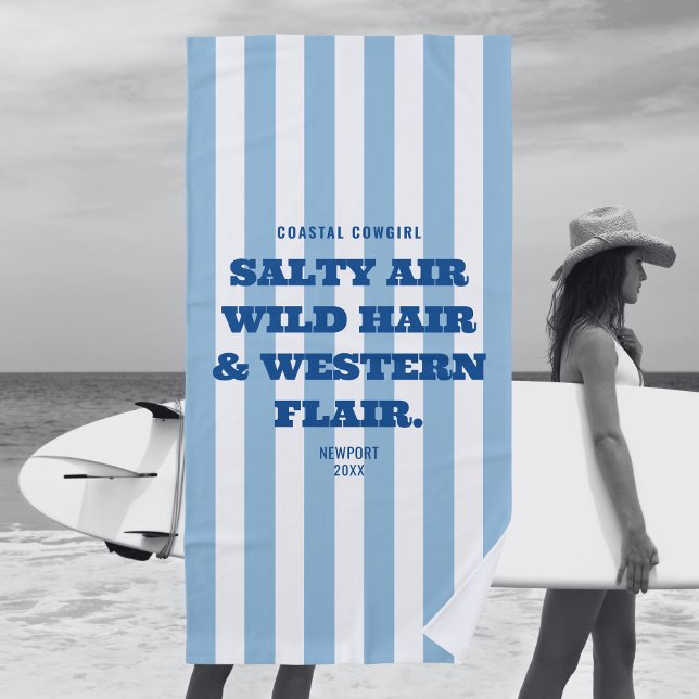 Coastal Cowgirl Western Flair Blue Cabana Stripe Beach Towel (Creator Uploaded)
