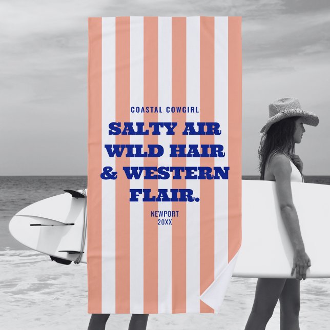 Coastal Cowgirl Western Flair Pink Cabana Stripe Beach Towel (Creator Uploaded)