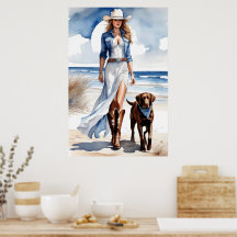 Coastal Cowgirl with a Dog Watercolor 