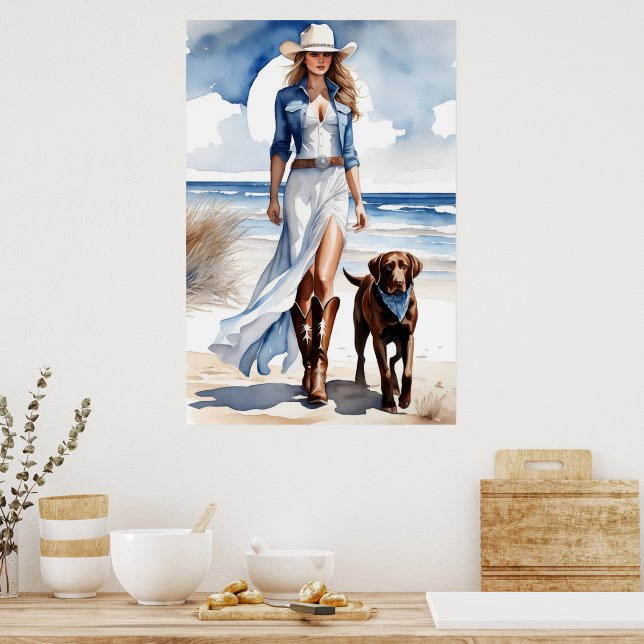 Coastal Cowgirl with a Dog Watercolor  Poster (Kitchen)