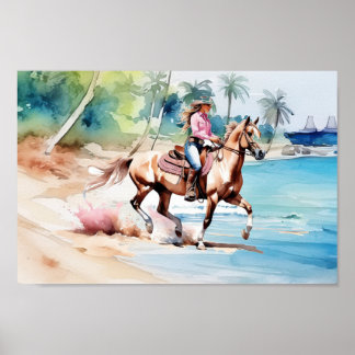 Coastal Cowgirl's Horse Riding on Tropical island Poster