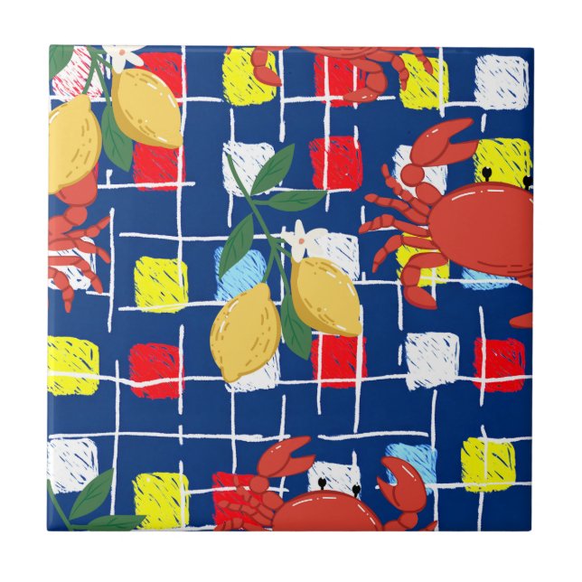 Coastal Crab and Lemon Pattern Ceramic Tile (Front)