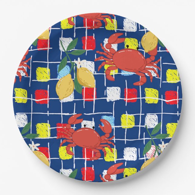 Coastal Crab and Lemon Pattern Paper Plate (Front)