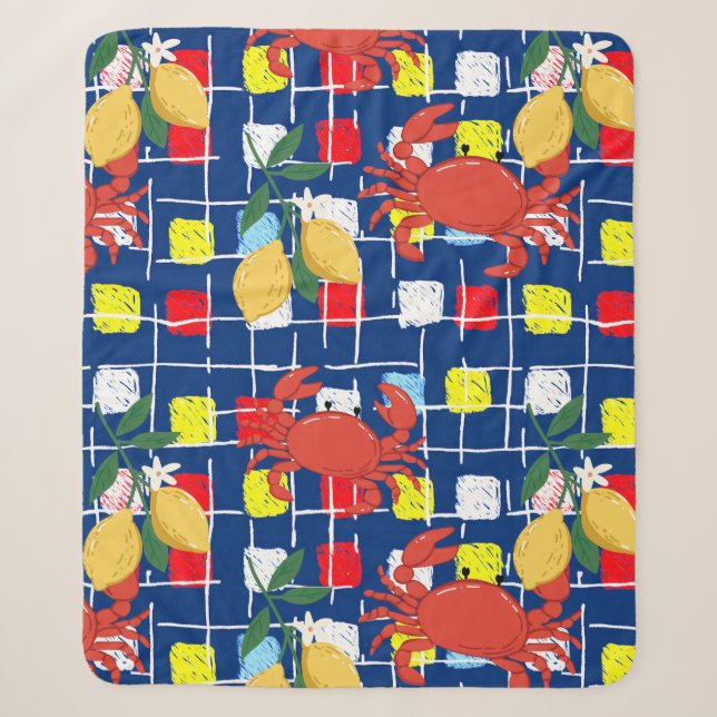 Coastal Crab and Lemon Pattern Sherpa Blanket (Front)
