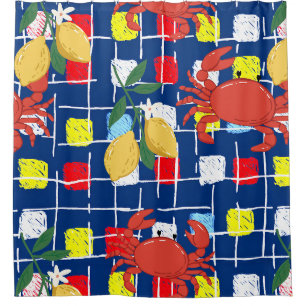Coastal Crab and Lemon Pattern Shower Curtain
