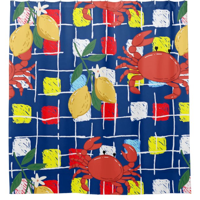 Coastal Crab and Lemon Pattern Shower Curtain (Front)
