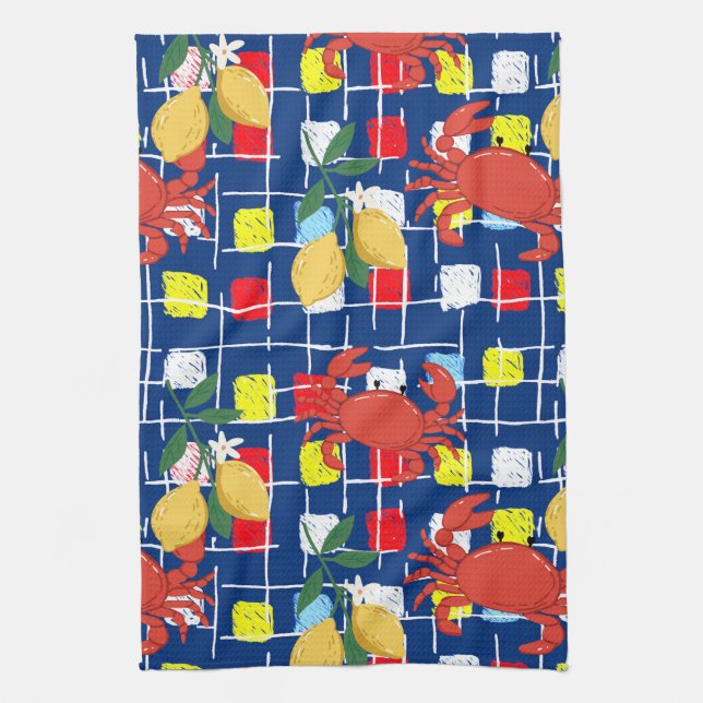 Coastal Crab and Lemon Pattern Tea Towel (Vertical)