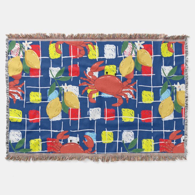 Coastal Crab and Lemon Pattern Throw Blanket (Front)