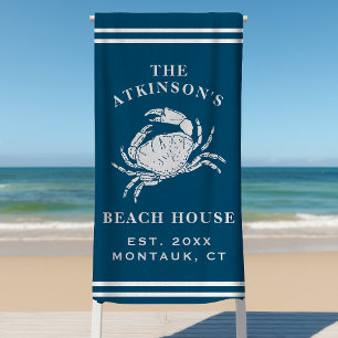 Coastal Crab Beach House Rustic Family Name Navy Towel