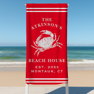 Coastal Crab Beach House Rustic Family Name Red Be Beach Towel