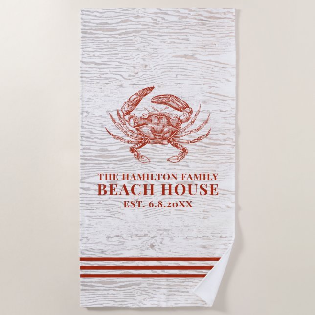 Coastal Crab Beach House Rustic Wood Family Name Beach Towel (Front)