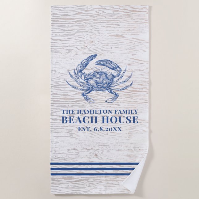 Coastal Crab Beach House Rustic Wood Family Name Beach Towel (Front)