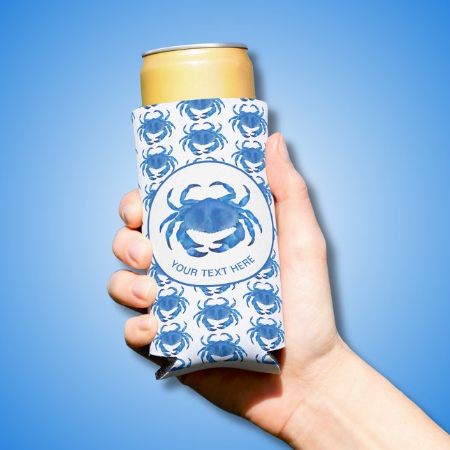 Coastal Crab Blue Seltzer Can Cooler (Coastal crab can cooler with custom text. Other colors available.)