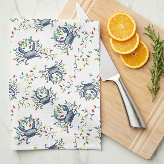 Coastal Crab Christmas Lights Tea Towel (Creator Uploaded)