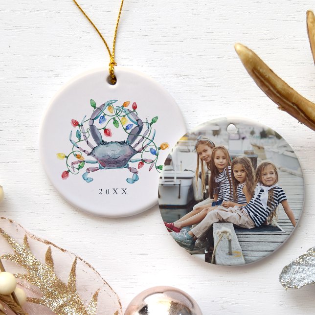 Coastal Crab Christmas Photo & Year Ceramic Ornament (Creator Uploaded)