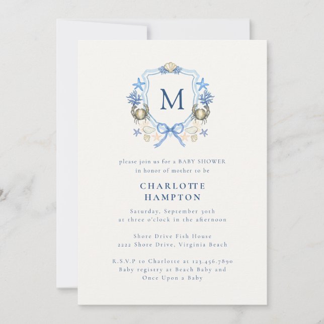 Coastal Crab Monogram Cres Baby Shower Invitation  (Front)