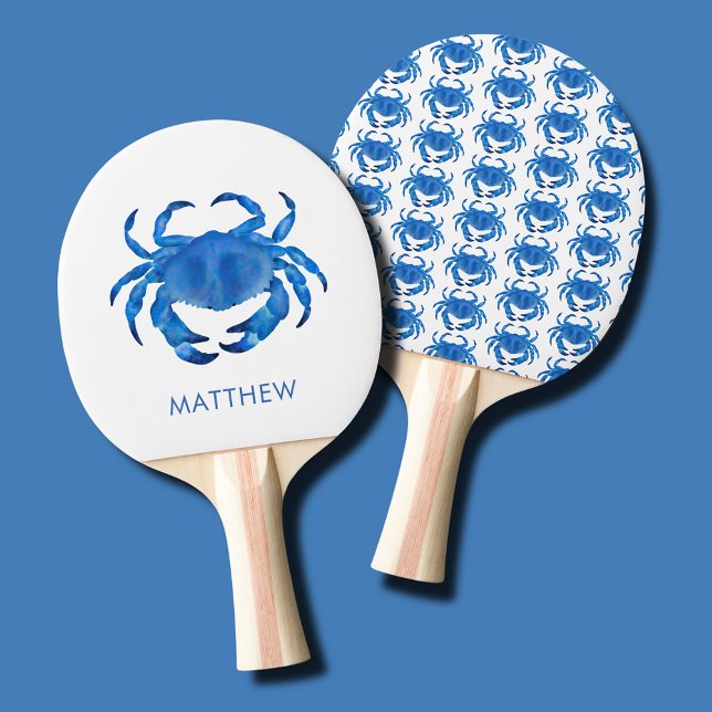 Coastal Crab Ocean Blue Ping Pong Paddle (Blue crab ping pong paddle - personalize with your own name or initials )