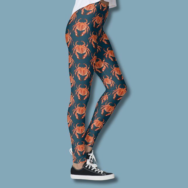 Coastal Crab pattern Leggings (Brown crab coastal crustacean legging on blue)