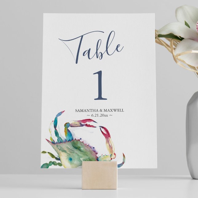 Coastal Crab Wedding Table Number (Beach wedding table numbers watercolor blue crab art by Victoria Grigaliunas of Do Tell A Belle)