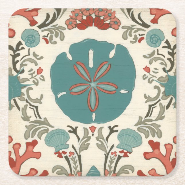 Coastal Damask I Square Paper Coaster (Front)