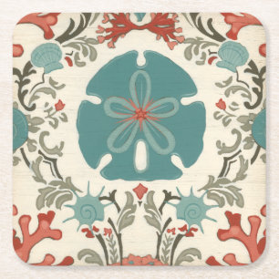 Coastal Damask II Square Paper Coaster