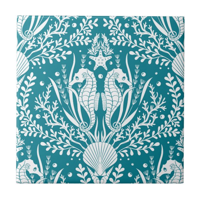 Coastal Damask Seahorses Ocean Teal Blue White Ceramic Tile (Front)