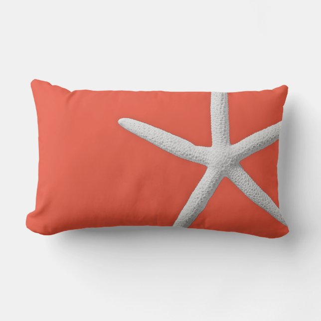 Coastal Dark Coral Tropical White Starfish Beach Lumbar Cushion (Front)