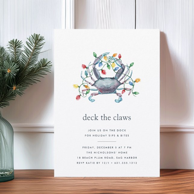 Coastal “Deck the Claws” Blue Crab Christmas Party Invitation (Creator Uploaded)