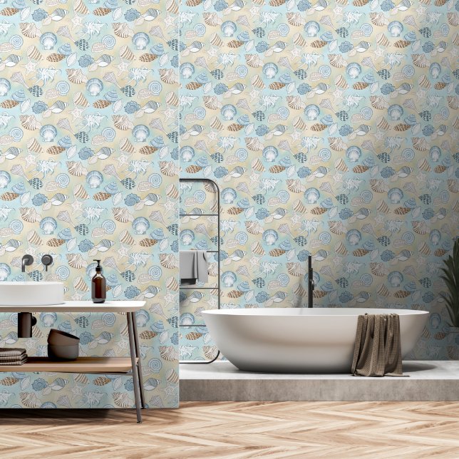 Coastal Decor Beach Seashells Wallpaper (Bathroom)