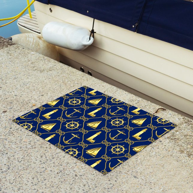 Coastal Decor Nautical Gold and Navy Blue Rope Doormat (Creator Uploaded)