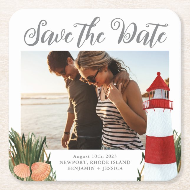 Coastal Destination Wedding Photo Save the Date Square Paper Coaster (Front)