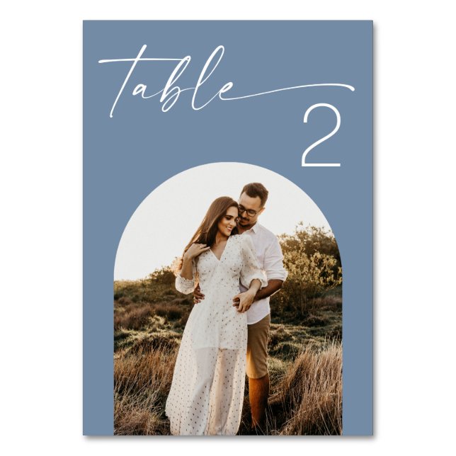 Coastal Dusty Blue Wedding | Modern Seaside Photo Table Number (Front)