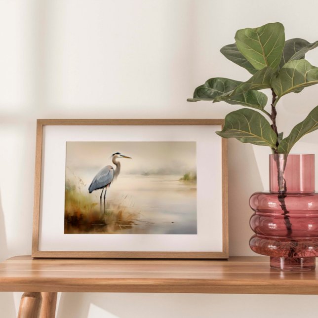 Coastal Elegance: Seashore Crane Watercolor Print (A solitary crane standing serenely at the seashore, framed by gentle seagrass in light, muted colors)