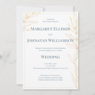 Coastal, Elegant Botanical Ocean Blue Sand Wedding Invitation