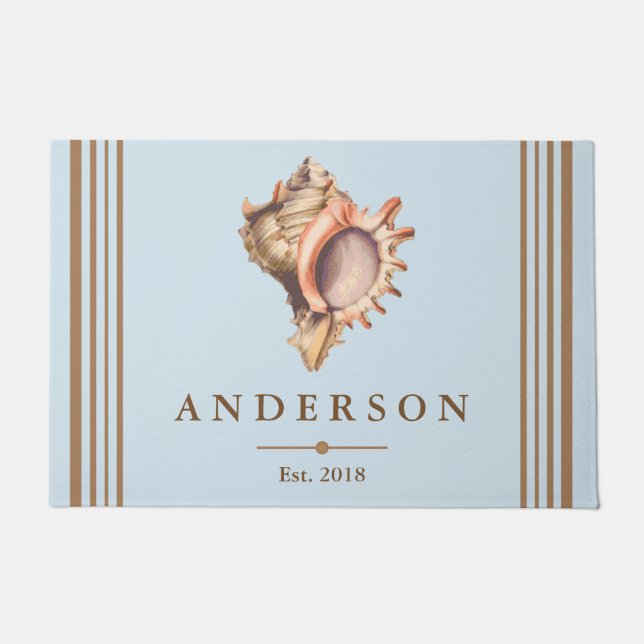 Coastal Elegant Conch Shell & Blue | Personalised Doormat (Front)