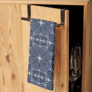 Coastal Elegant Navy Blue Ocean Seashells Pattern Tea Towel