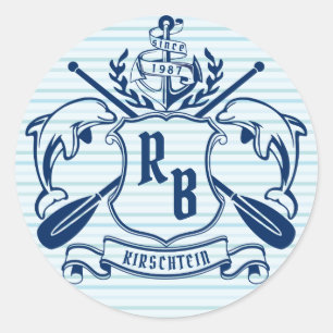 Coastal Emblem Dolphins Anchor Oar Shield Nautical Classic Round Sticker
