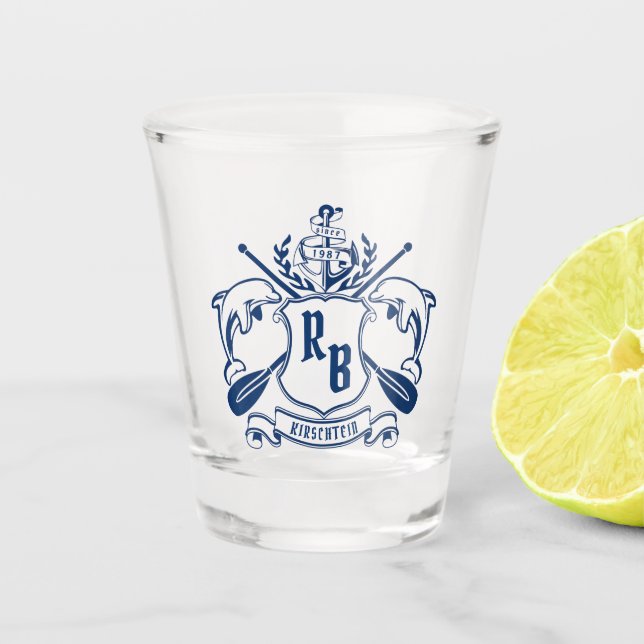 Coastal Emblem Dolphins Anchor Oar Shield Nautical Shot Glass (Front)