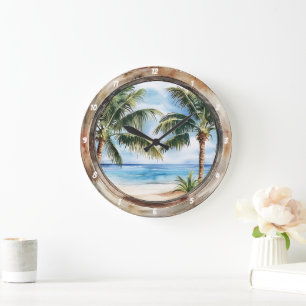 Coastal Escape" - Nautical Window Tropical  Large Clock