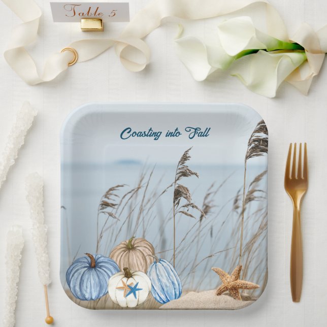 Coastal Fall Blue and White Pumpkins and Starfish  Paper Plate (Wedding)