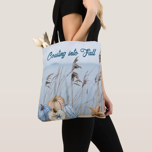 Coastal Fall Blue and White Pumpkins and Starfish  Tote Bag (Close Up)