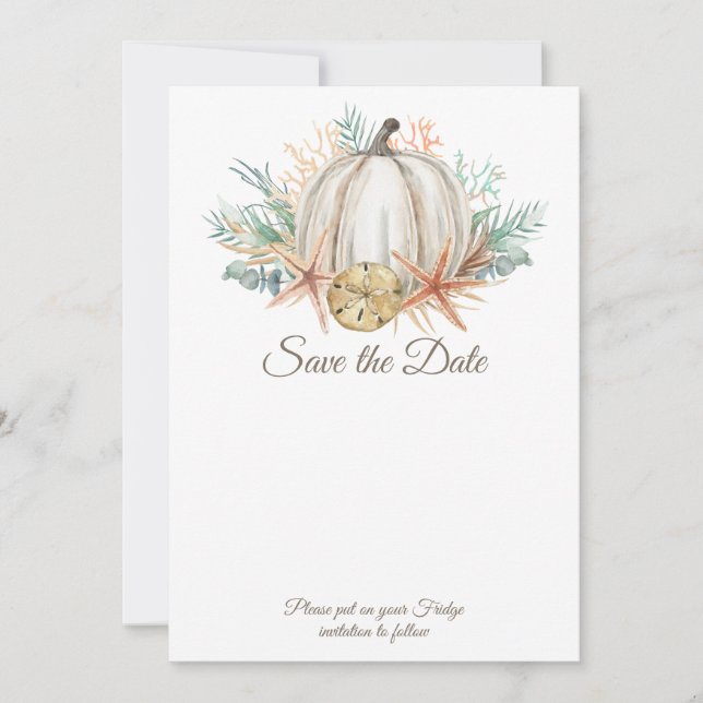 Coastal Fall Pumpkin & Seashells Save the Date Invitation (Front)