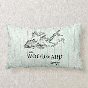 Coastal Family Name Aqua Wood Mermaid Dolphin Lumbar Cushion