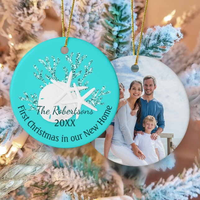 Coastal First Christmas New Home Aqua Blue Photo Ceramic Ornament (Creator Uploaded)