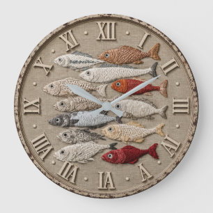 Coastal Fish Nautical Beach House Rustic Fishing Large Clock