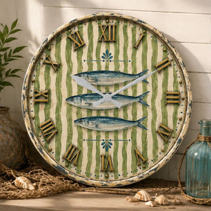 Coastal Fish Nautical Seafood Fishing Cabin Beach Large Clock
