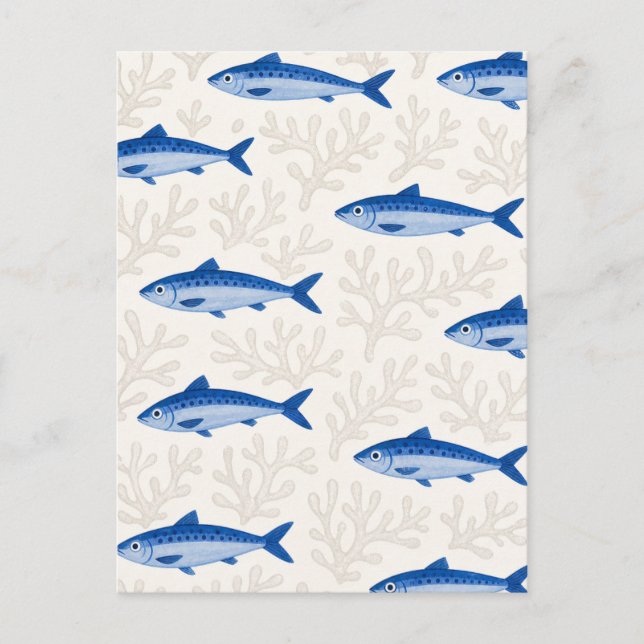 Coastal Fish Pattern Blue Sardine Illustration Postcard (Front)