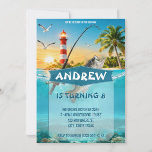 Coastal Fishing Adventure Lighthouse Birthday Invitation