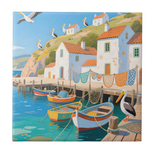 Coastal Fishing Village Pelicans Ceramic Tile
